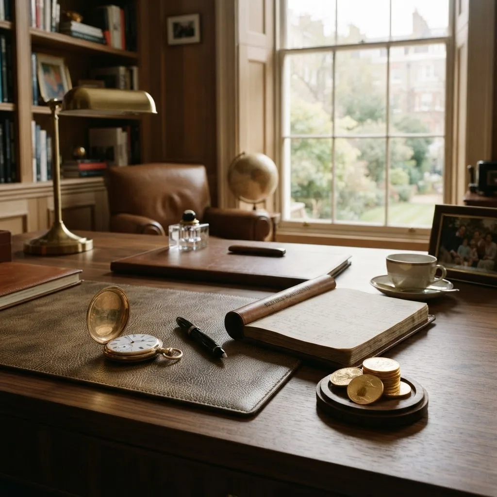 Private advisory desk with ledger, gold coins and a pocket watch