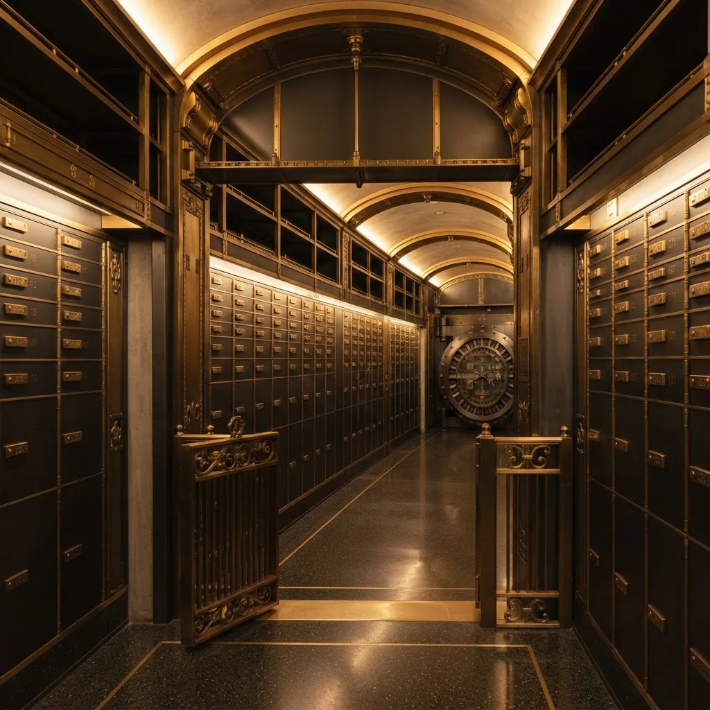 Private secure vault interior with brass deposit boxes