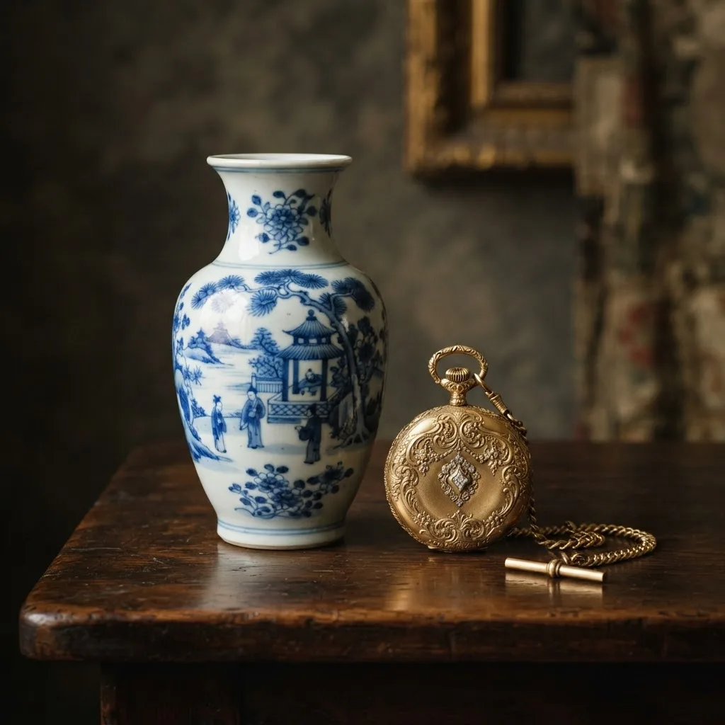 Antique porcelain vase and gilded pocket watch